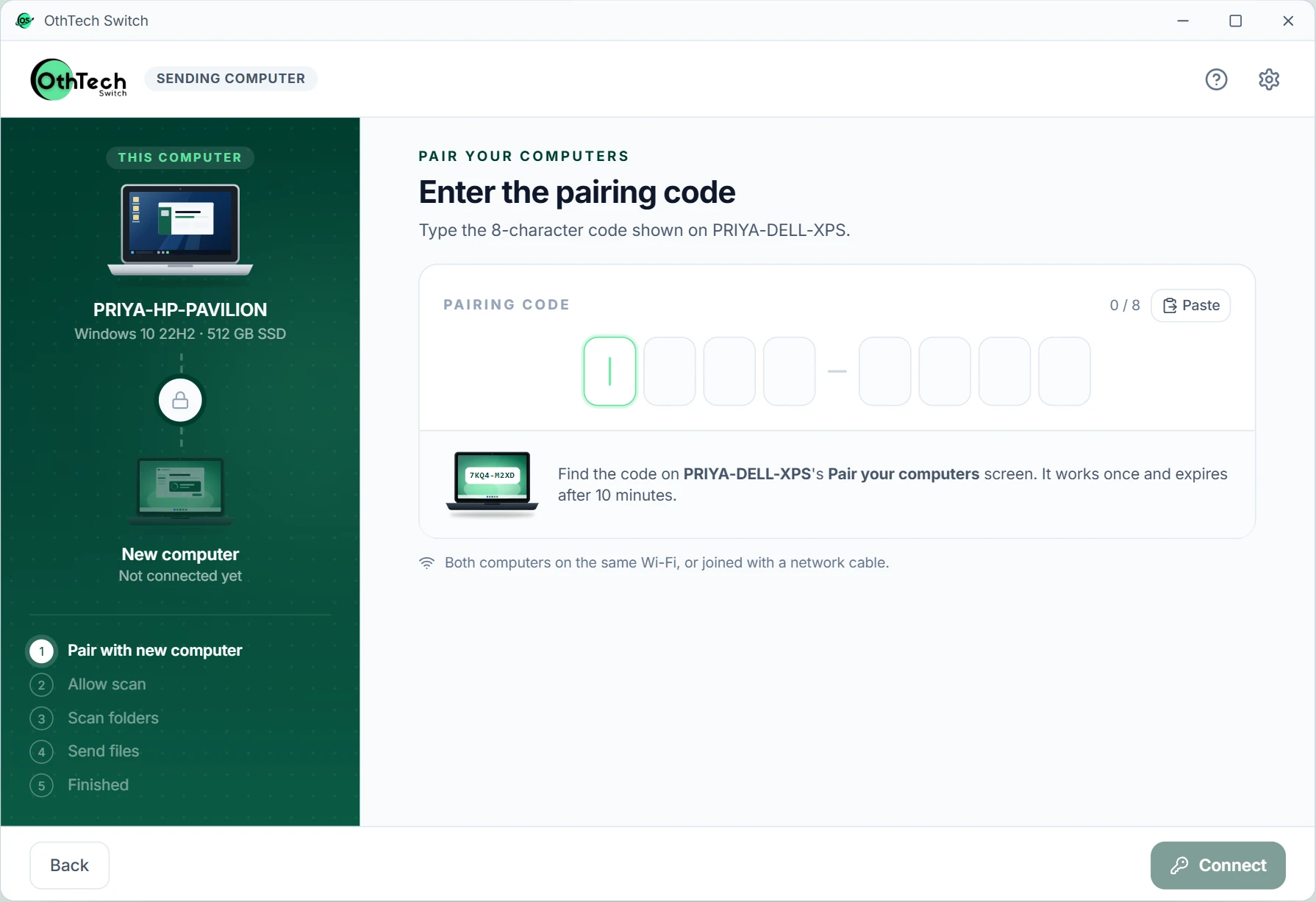 Enter the pairing code screen on the sending computer