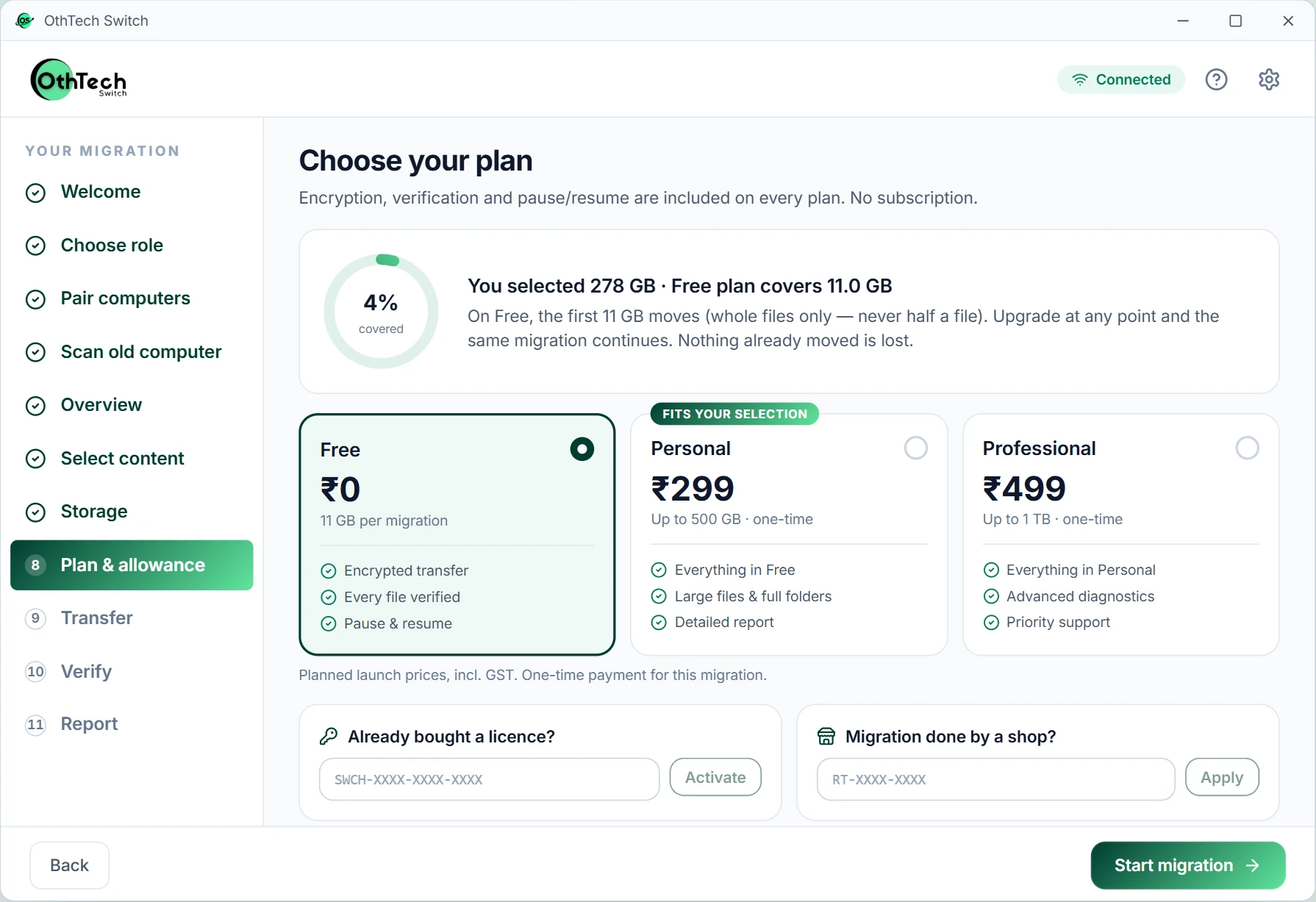 In-app plan screen: 278 GB selected, Free covers 11 GB, Personal fits the selection