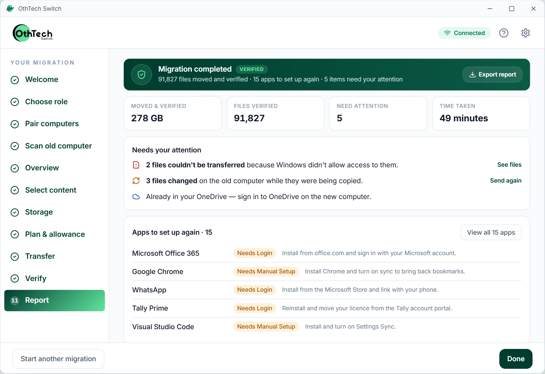 Migration completed report with verified files and apps to set up again