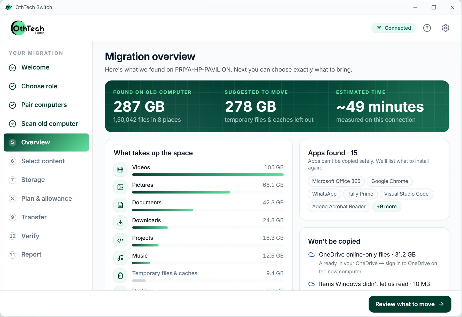 Migration overview: what was found on the old computer, apps found and what won't be copied