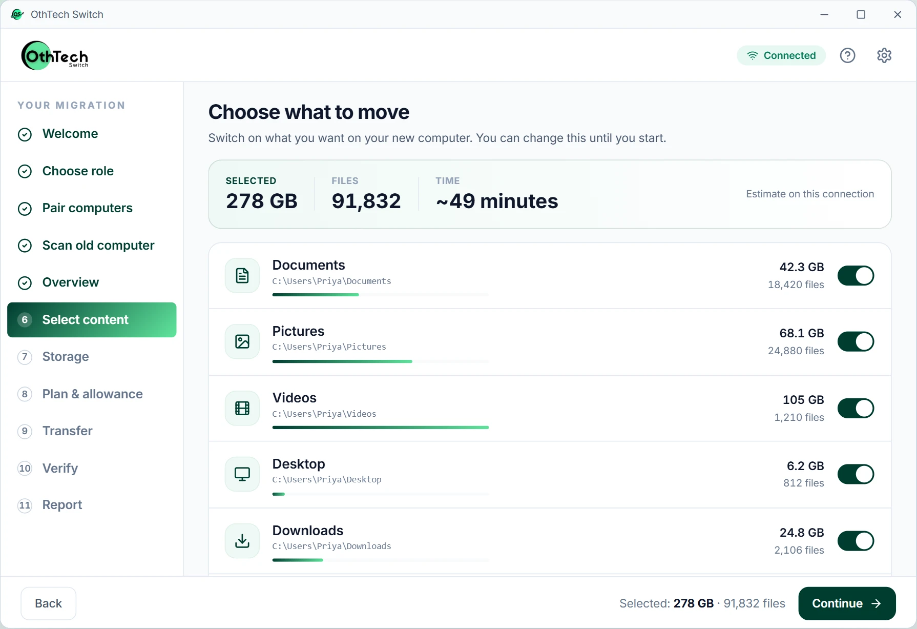 Choose what to move: folders with sizes, file counts and a time estimate
